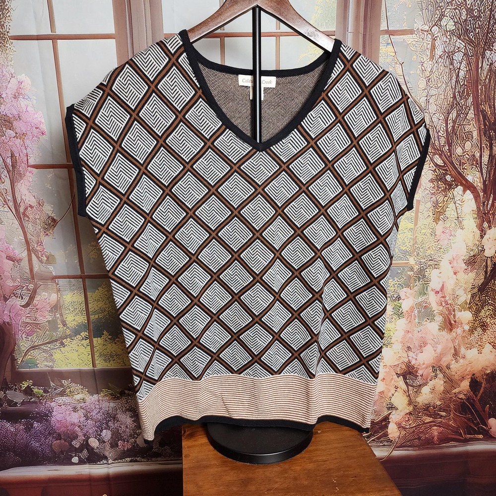 Coldwater Creek Geometric Silk Cotton V-Neck Short Sleeve Sweater Brown XS